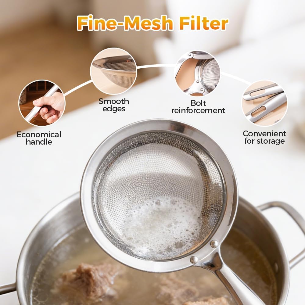 Fine-Mesh Kitchen Strainer - 2026 Upgraded Stainless Steel Sieve with Handle, Multi-Purpose Strainer for Cooking, Baking & Liquid Filtering, Oil Skimming Spoon, Kitchen Tool (Small) - Image 5