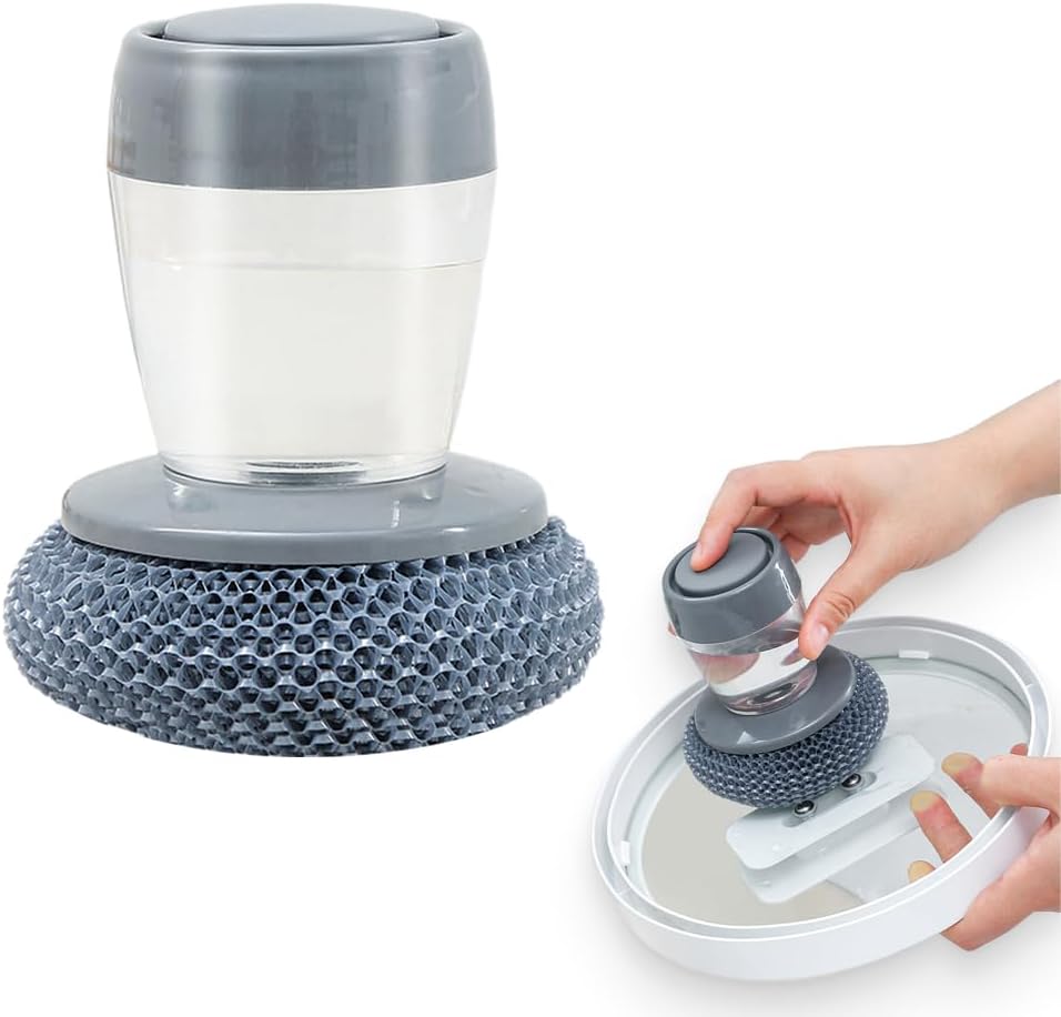Dish Brh with Soap Dispenser, Soap Dispensing Dish Brh - with PET/Steel Wire Bristles, Kitchen Scrub Brh for Dishes Pots Pans Sinks (PET Head) - Image 1