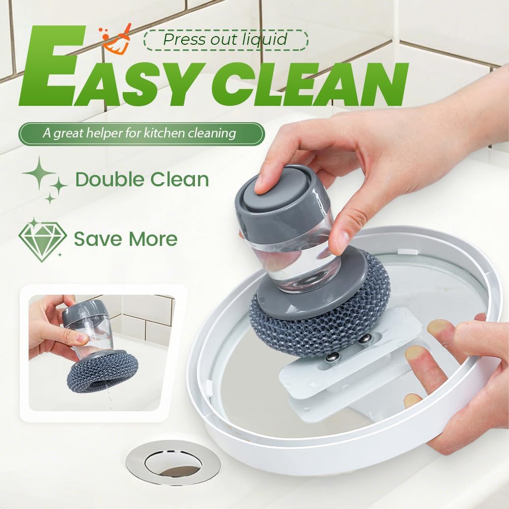 Dish Brh with Soap Dispenser, Soap Dispensing Dish Brh - with PET/Steel Wire Bristles, Kitchen Scrub Brh for Dishes Pots Pans Sinks (PET Head) - Image 2