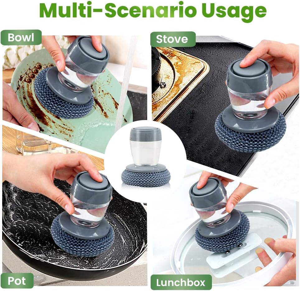 Dish Brh with Soap Dispenser, Soap Dispensing Dish Brh - with PET/Steel Wire Bristles, Kitchen Scrub Brh for Dishes Pots Pans Sinks (PET Head) - Image 4