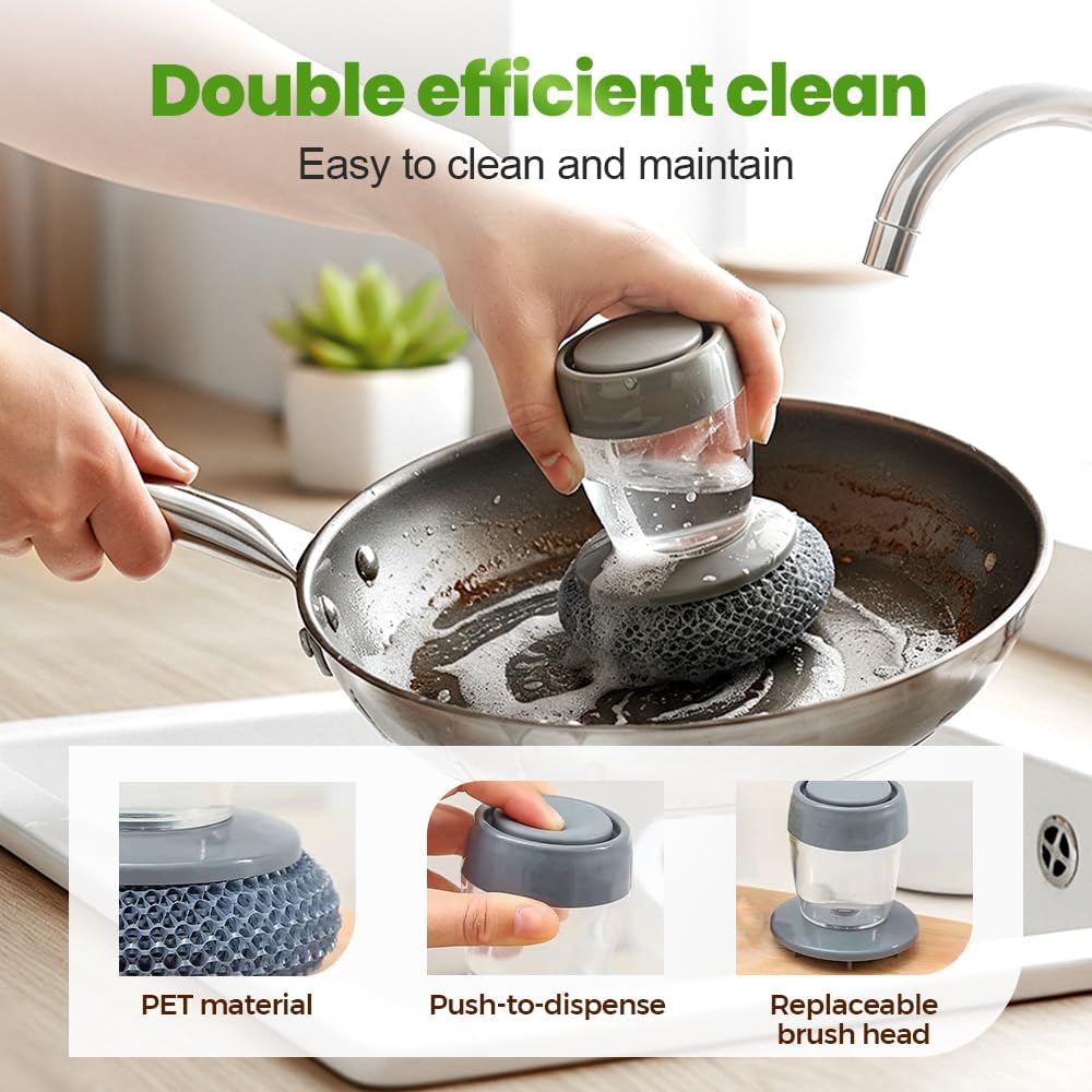 Dish Brh with Soap Dispenser, Soap Dispensing Dish Brh - with PET/Steel Wire Bristles, Kitchen Scrub Brh for Dishes Pots Pans Sinks (PET Head) - Image 6