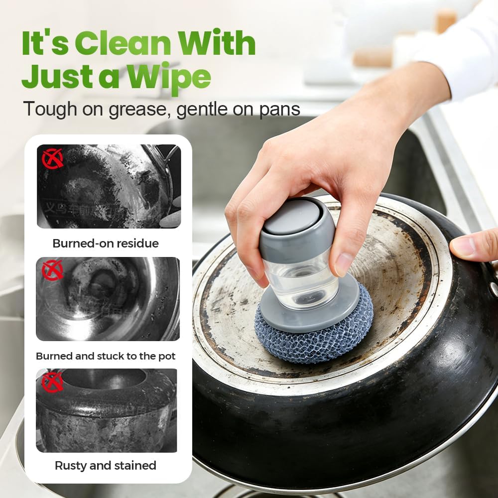 Dish Brh with Soap Dispenser, Soap Dispensing Dish Brh - with PET/Steel Wire Bristles, Kitchen Scrub Brh for Dishes Pots Pans Sinks (PET Head) - Image 7