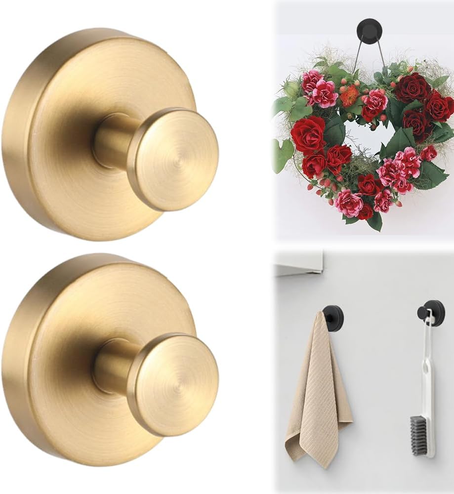 Suction Cup Hooks for Wreaths on Glass, 2025 New Model No-Drill Suction Cup Hook, Suction Cup Hooks Wreath Hangers, Metal Hook for Showers, Bathrooms, Window Glass, Door, and Wall (Gold 2PCS) - Image 1