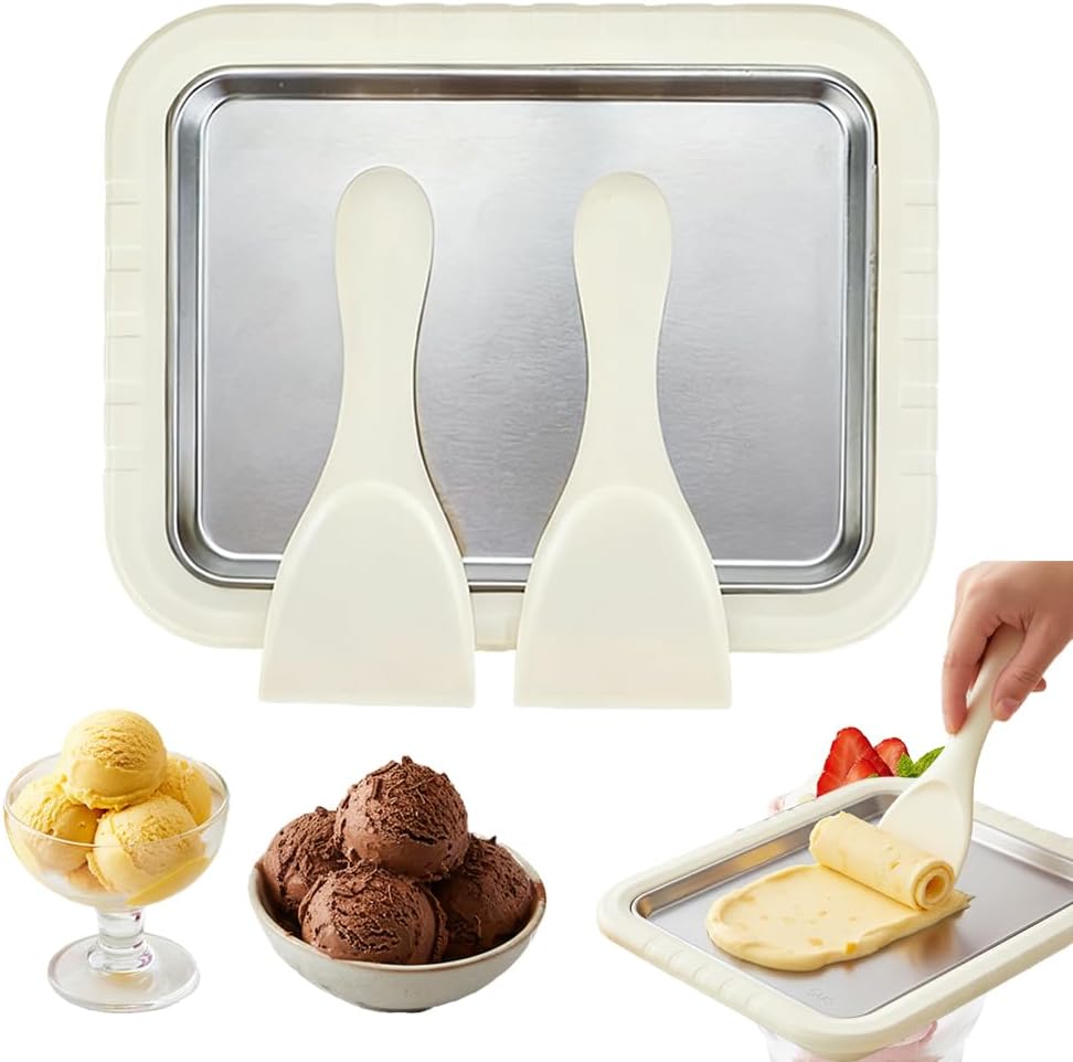 Rolled Ice Cream Maker Kit, 2026 New Stainless Steel Freeze Plate with 2 Scrapers, DIY Stir Fried Ice Cream Tray for Homemade Desserts, Perfect for Family Fun & Parties (White) - Image 1
