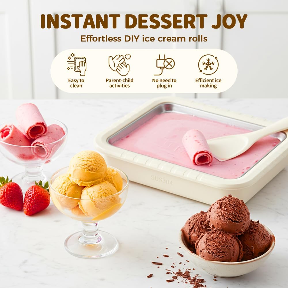 Rolled Ice Cream Maker Kit, 2026 New Stainless Steel Freeze Plate with 2 Scrapers, DIY Stir Fried Ice Cream Tray for Homemade Desserts, Perfect for Family Fun & Parties (White) - Image 3