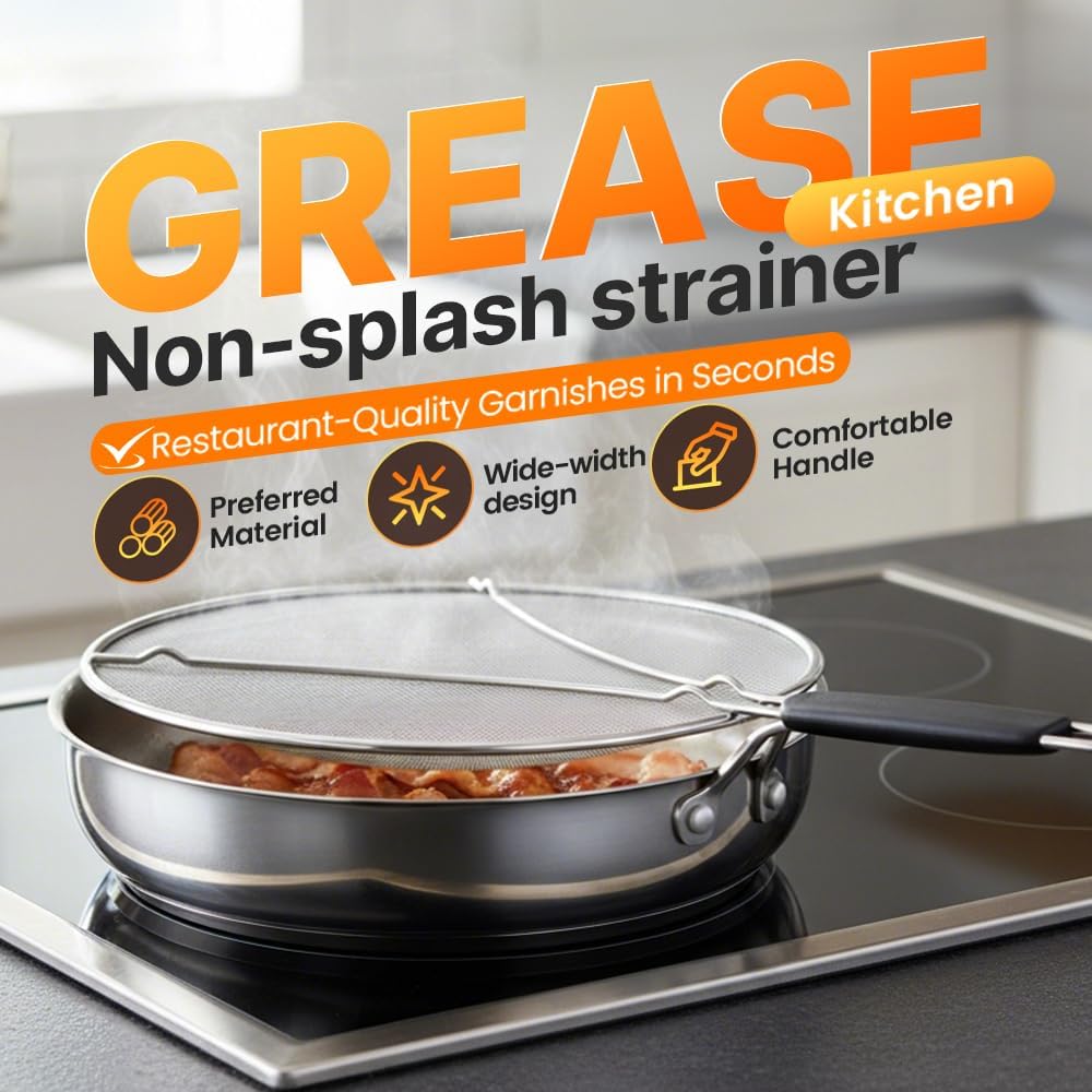 Stainless Steel Grease Splatter Guard, Large Fine Mesh Splatter Screen with Comfort Handle for Frying Pans & Cooking Pots, Fine Mesh Cover, Shield from Grease & Oil (Large) - Image 2