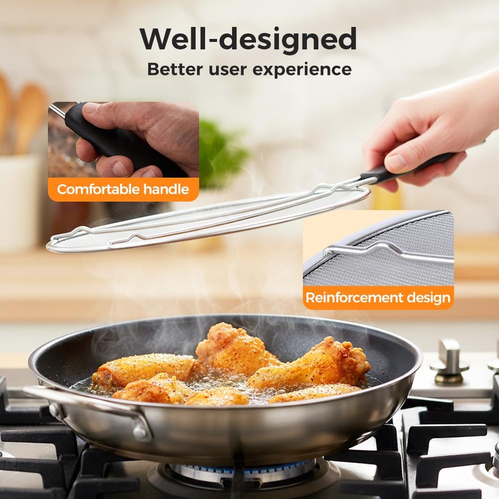 Stainless Steel Grease Splatter Guard, Large Fine Mesh Splatter Screen with Comfort Handle for Frying Pans & Cooking Pots, Fine Mesh Cover, Shield from Grease & Oil (Large) - Image 3
