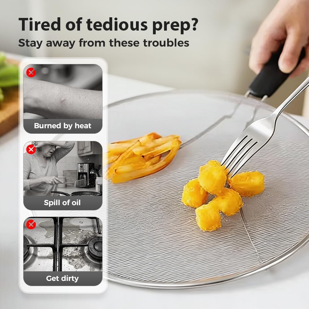 Stainless Steel Grease Splatter Guard, Large Fine Mesh Splatter Screen with Comfort Handle for Frying Pans & Cooking Pots, Fine Mesh Cover, Shield from Grease & Oil (Large) - Image 7