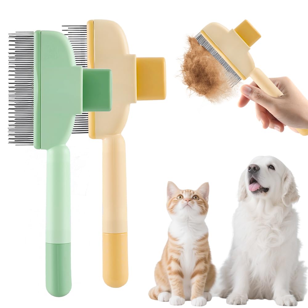 2-in-1 Pet Grooming Brh, Magic Pet Hair Remover Comb with Self-Cleaning Button for Dogs & Cats, Shedding Brh for Long/Short Hair, Home & Furniture Fur Removal Tool (Green + Yellow) - Image 1