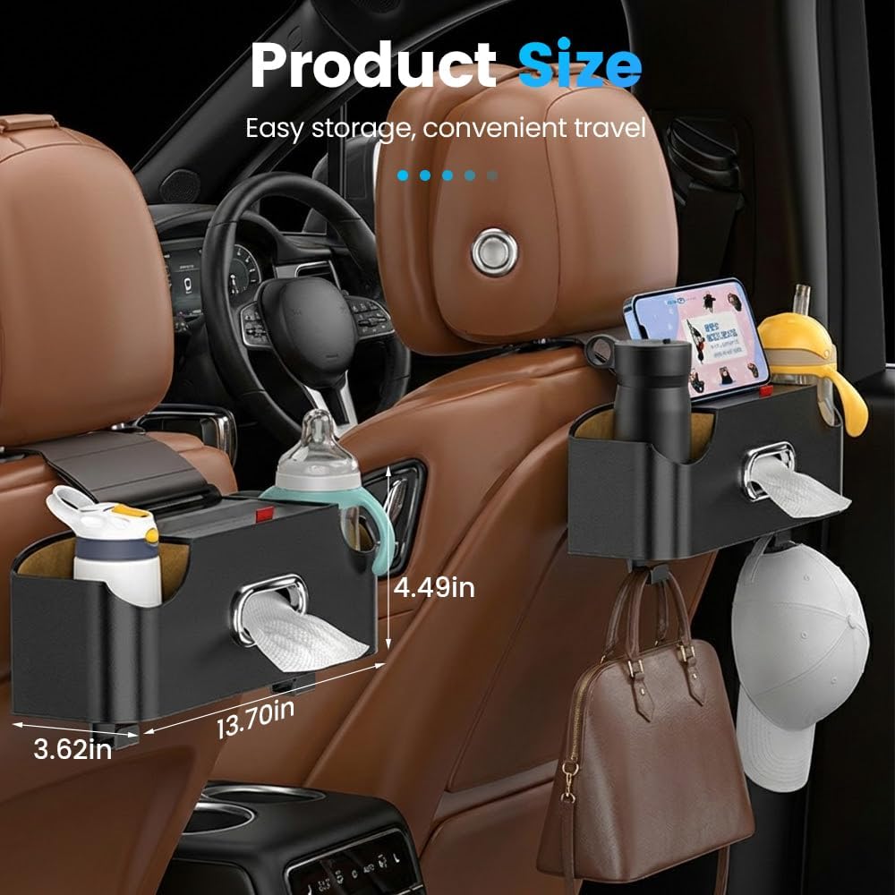 Car Backseat Organizer 3-in-1 Multifunctional Car Back Seat Storage Box with Drink Cup Holder Tissue Box Trash Bin & Hooks, Back Seat Car Organizer for Hold Phones,Drinks, and Handbags (Black) - Image 2
