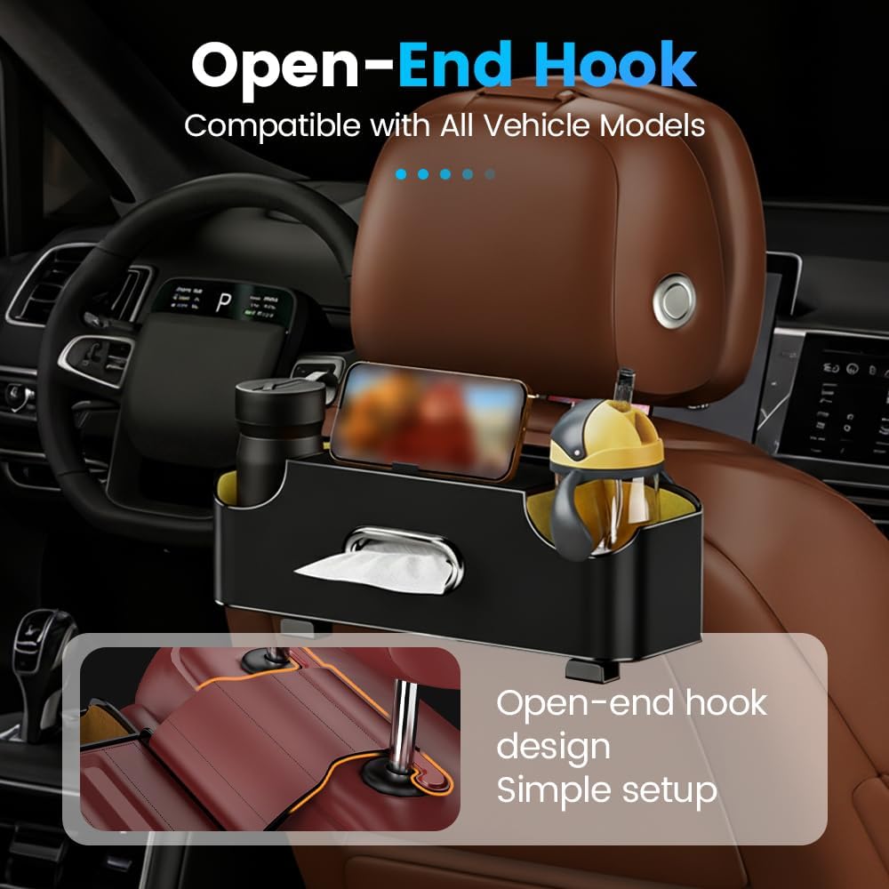 Car Backseat Organizer 3-in-1 Multifunctional Car Back Seat Storage Box with Drink Cup Holder Tissue Box Trash Bin & Hooks, Back Seat Car Organizer for Hold Phones,Drinks, and Handbags (Black) - Image 3
