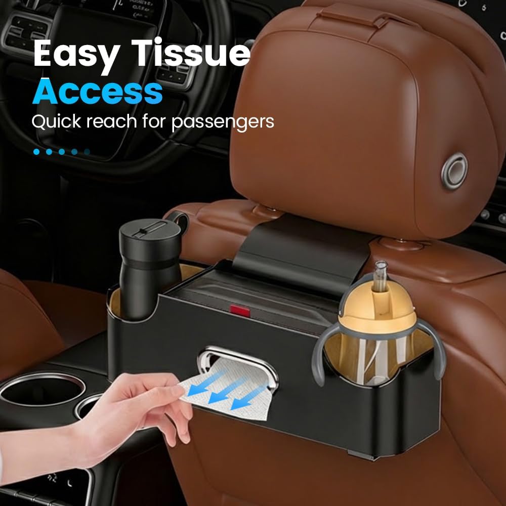 Car Backseat Organizer 3-in-1 Multifunctional Car Back Seat Storage Box with Drink Cup Holder Tissue Box Trash Bin & Hooks, Back Seat Car Organizer for Hold Phones,Drinks, and Handbags (Black) - Image 4