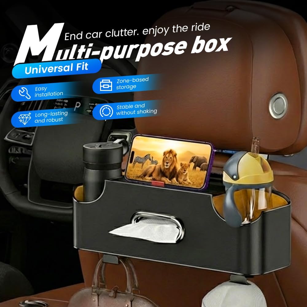 Car Backseat Organizer 3-in-1 Multifunctional Car Back Seat Storage Box with Drink Cup Holder Tissue Box Trash Bin & Hooks, Back Seat Car Organizer for Hold Phones,Drinks, and Handbags (Black) - Image 6