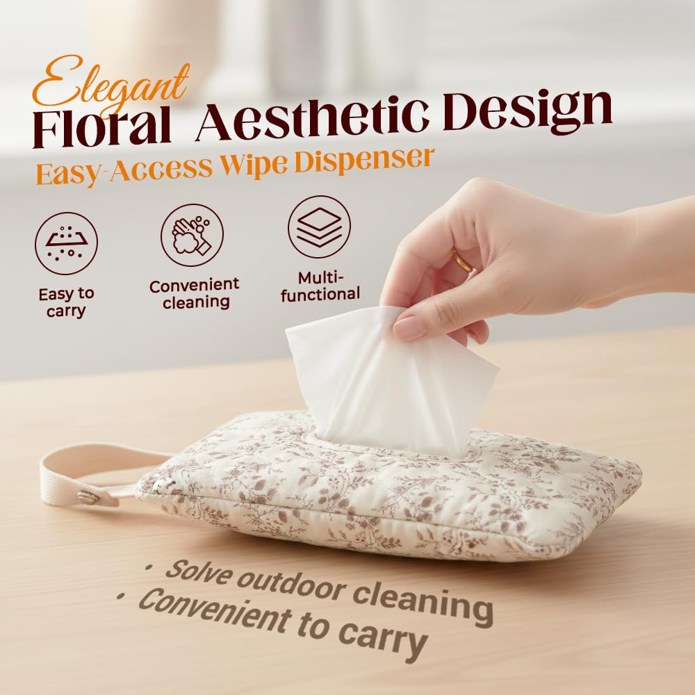 2 PCS Floral Quilted Baby Wipe Holder Pouch with Strap, Reable Portable Wipes Case for Stroller & Diaper Bag, Leak-Proof Travel Wipes Dispenser with Floral Pattern (Mix) - Image 5