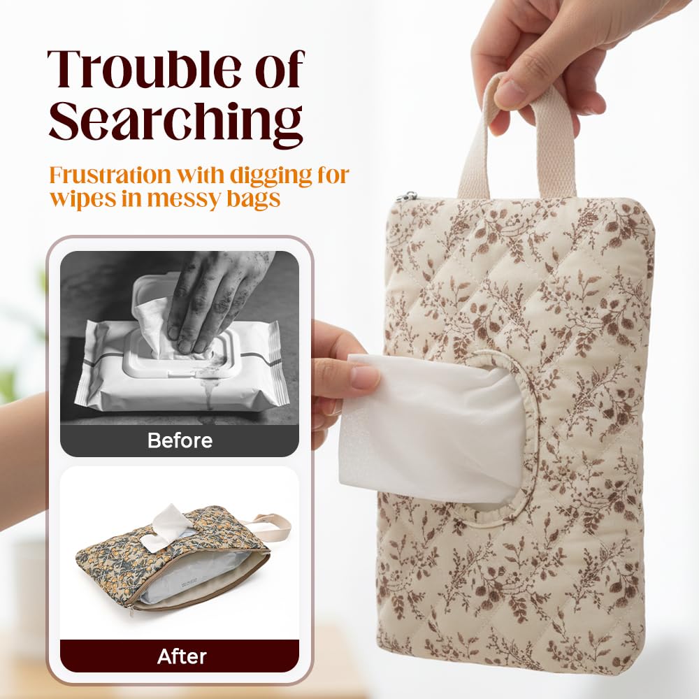 2 PCS Floral Quilted Baby Wipe Holder Pouch with Strap, Reable Portable Wipes Case for Stroller & Diaper Bag, Leak-Proof Travel Wipes Dispenser with Floral Pattern (Mix) - Image 6