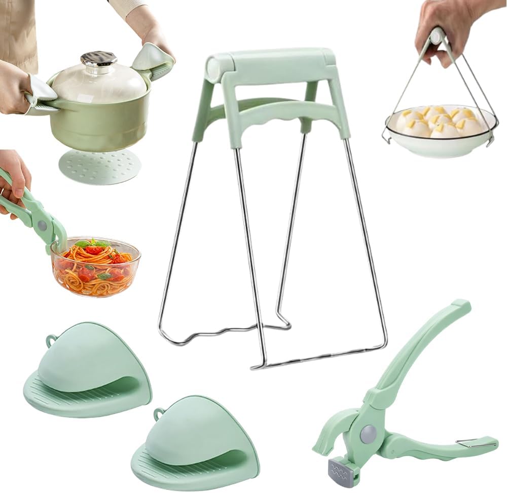 4-Piece Hot Plate Gripper Set, Anti-Scalding Kitchen Bowl Gripper with Silicone Pads, Stainless Steel Clips & Mini Gloves, Holder Tongs for Microwave, Air Fryer, Oven, Steamer (Green) - Image 1