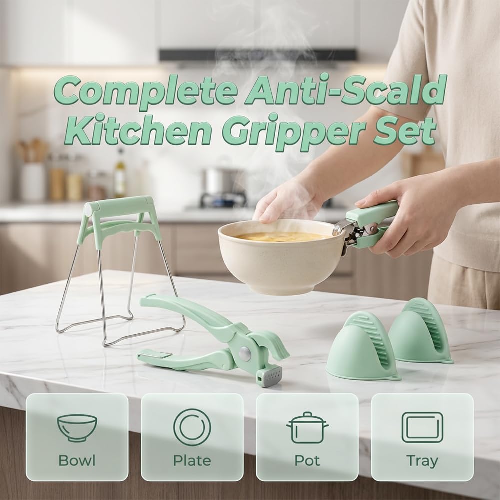 4-Piece Hot Plate Gripper Set, Anti-Scalding Kitchen Bowl Gripper with Silicone Pads, Stainless Steel Clips & Mini Gloves, Holder Tongs for Microwave, Air Fryer, Oven, Steamer (Green) - Image 2