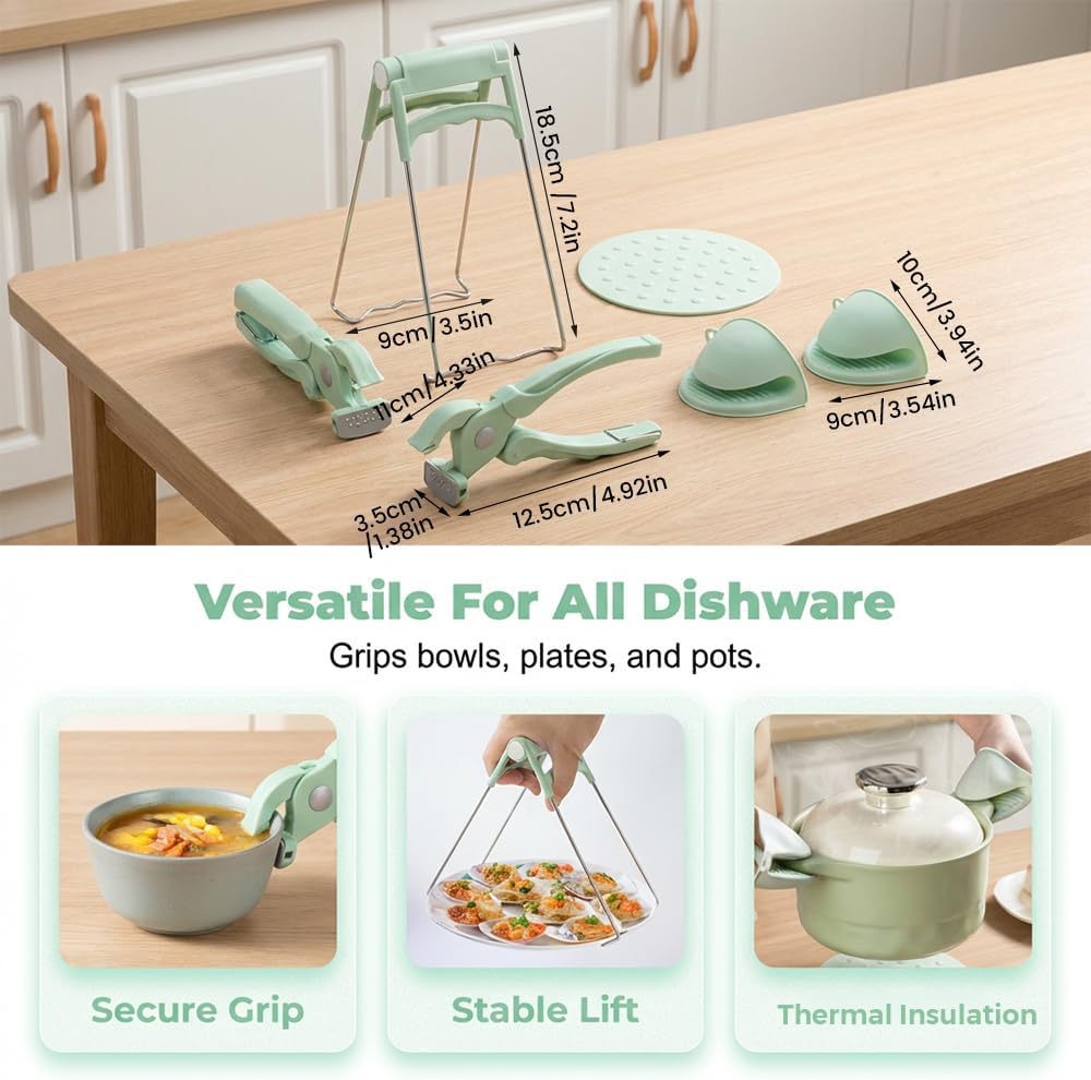 4-Piece Hot Plate Gripper Set, Anti-Scalding Kitchen Bowl Gripper with Silicone Pads, Stainless Steel Clips & Mini Gloves, Holder Tongs for Microwave, Air Fryer, Oven, Steamer (Green) - Image 4