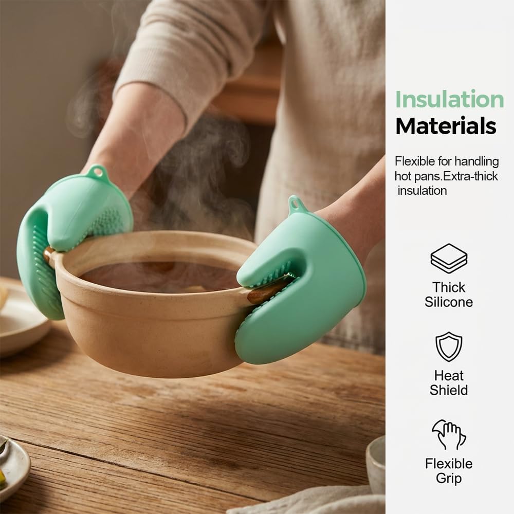 4-Piece Hot Plate Gripper Set, Anti-Scalding Kitchen Bowl Gripper with Silicone Pads, Stainless Steel Clips & Mini Gloves, Holder Tongs for Microwave, Air Fryer, Oven, Steamer (Green) - Image 5