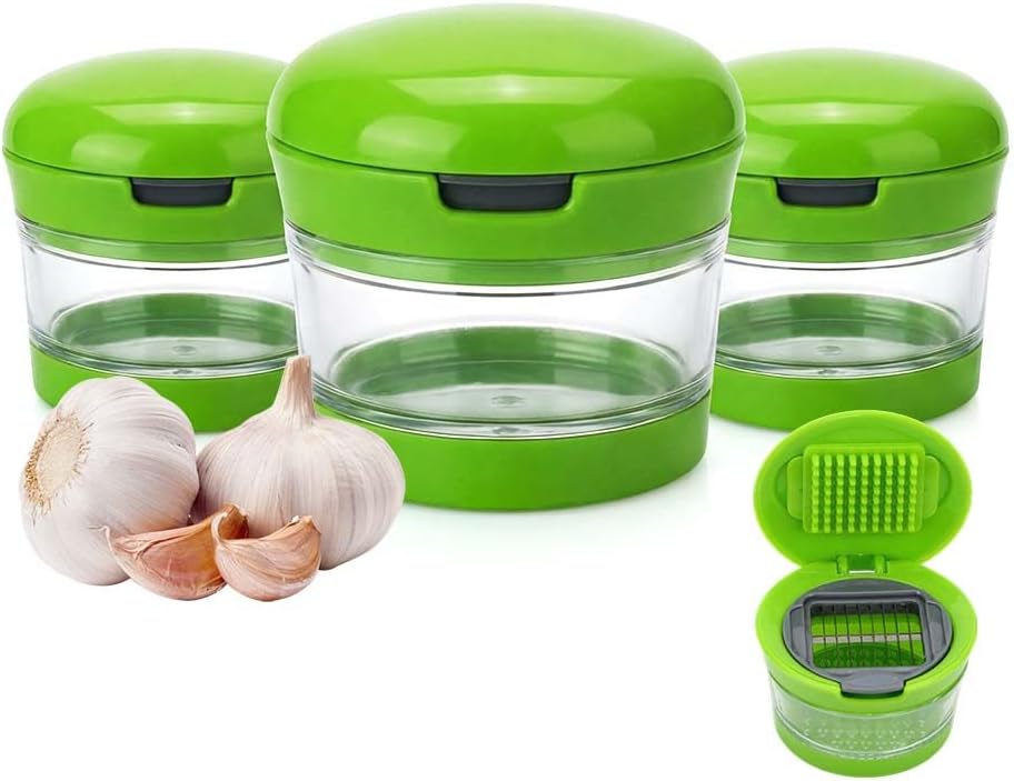 Mini Garlic Chopper and Press with Storage Container, Manual Garlic Mincer Crher Cutter, Premium Stainless Steel Blades, Handheld Compact Kitchen Gadget for Garlic, Ginger & Small Herbs (3PCS) - Image 1
