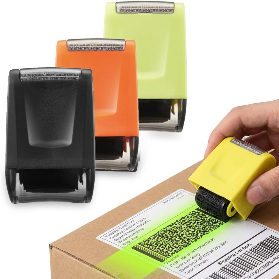 3PCS Identity Theft Protection Roller Stamp, Privacy Security Stamp for Confidential Information, Blackout Roller for Mail, Address, ID & Document Protection (Mix: Orange, Black, Green) - Image 1