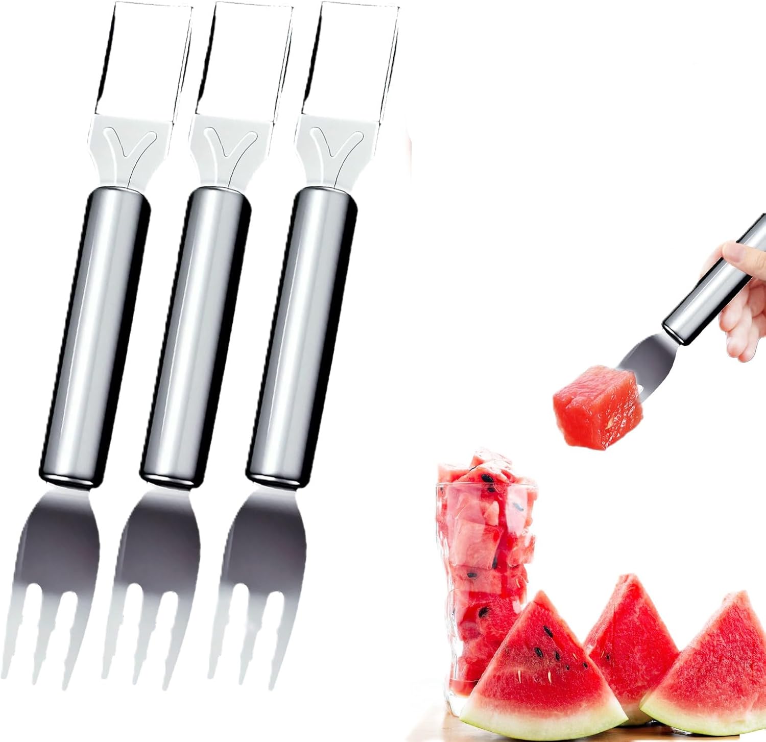 2026 New 2-in-1 Stainless Steel Fruit Cutter, Watermelon Fork Slicer Cutter, Dual Head Fruit Cutter & Fork, Portable Fruit Tool for Home Kitchen, Camping, Picnics (3PCS) - Image 1