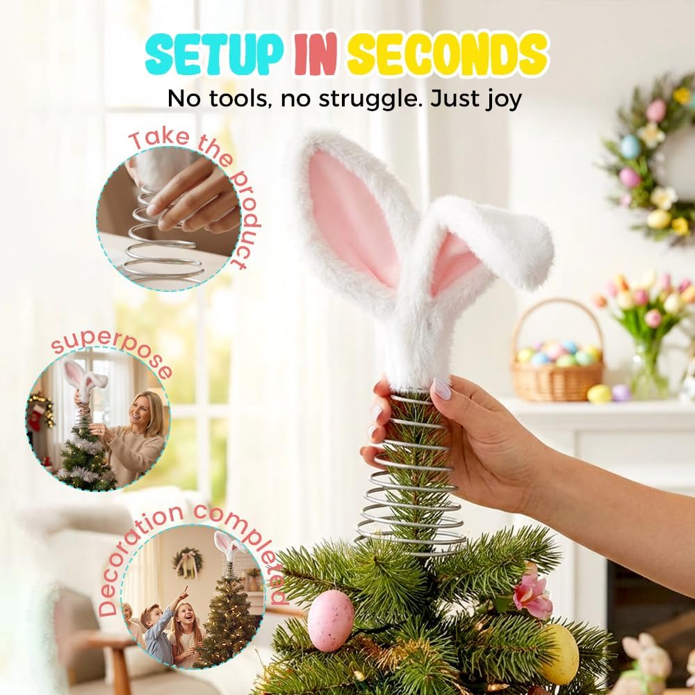 Easter Tree Topper Bunny Ears, Plh Metal Rabbit Ornament, Cute Bendable Spring Holiday Tree Decoration for Easter Home Party Supplies (2PCS) - Image 2
