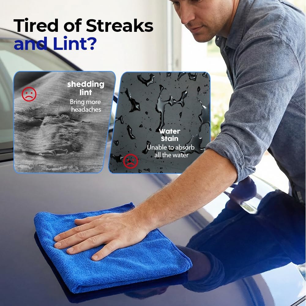 Microfiber Towels for Cars, Microfiber Cleaning Cloth, All-Purpose Microfiber Towels, Cleaning Rags for Cars, Hoe, Free from Streaks/Lint/Scratch, Blue, 12