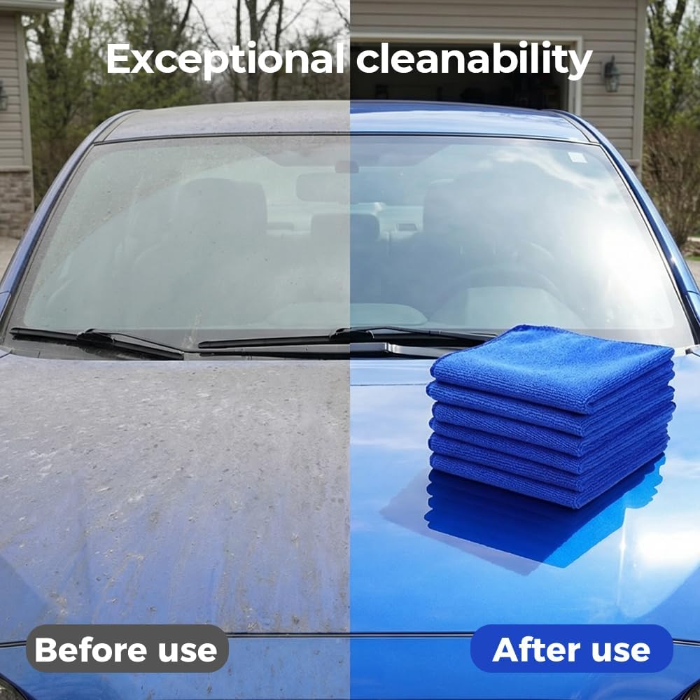 Microfiber Towels for Cars, Microfiber Cleaning Cloth, All-Purpose Microfiber Towels, Cleaning Rags for Cars, Hoe, Free from Streaks/Lint/Scratch, Blue, 12