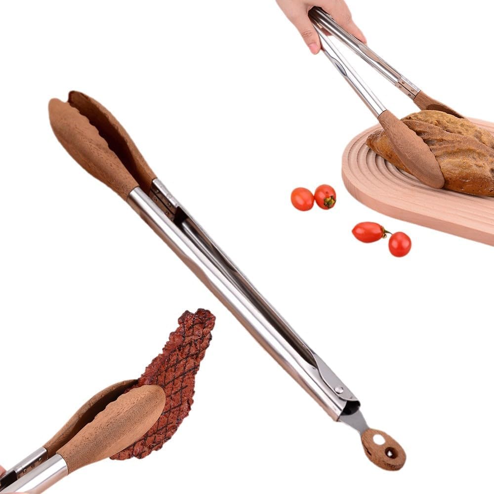 Walnut Wood Tongs for Cooking, Stainless Steel Anti-Slip Long Handle Wood Salad Tongs, Cooking Tong Tools for Serving Food Bbq Kitchen Hoehold (Long 12in) - Image 1