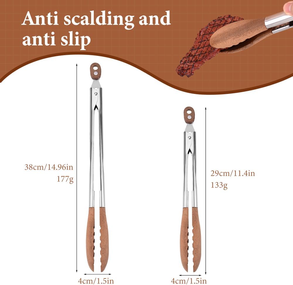Walnut Wood Tongs for Cooking, Stainless Steel Anti-Slip Long Handle Wood Salad Tongs, Cooking Tong Tools for Serving Food Bbq Kitchen Hoehold (Long 12in) - Image 2