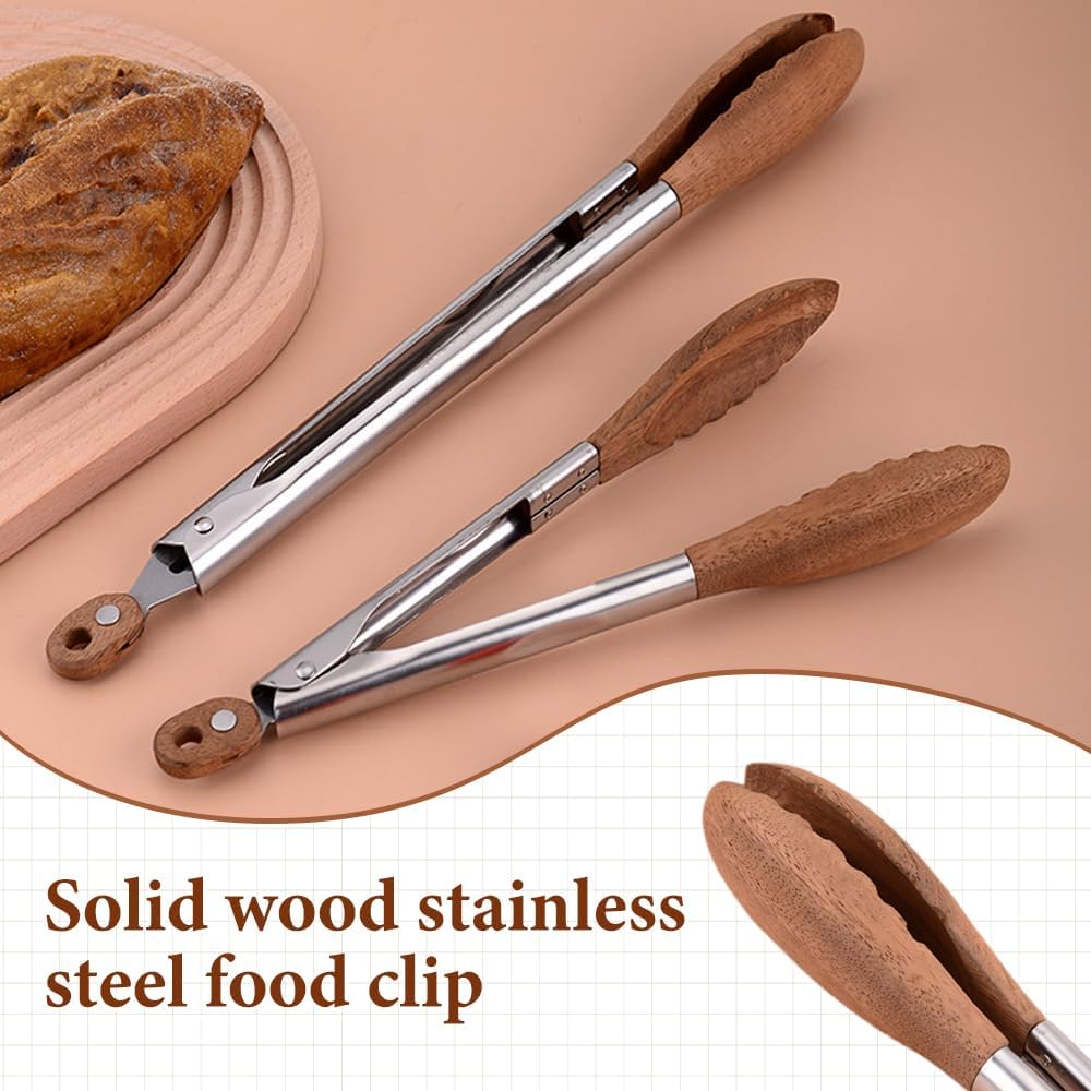 Walnut Wood Tongs for Cooking, Stainless Steel Anti-Slip Long Handle Wood Salad Tongs, Cooking Tong Tools for Serving Food Bbq Kitchen Hoehold (Long 12in) - Image 5