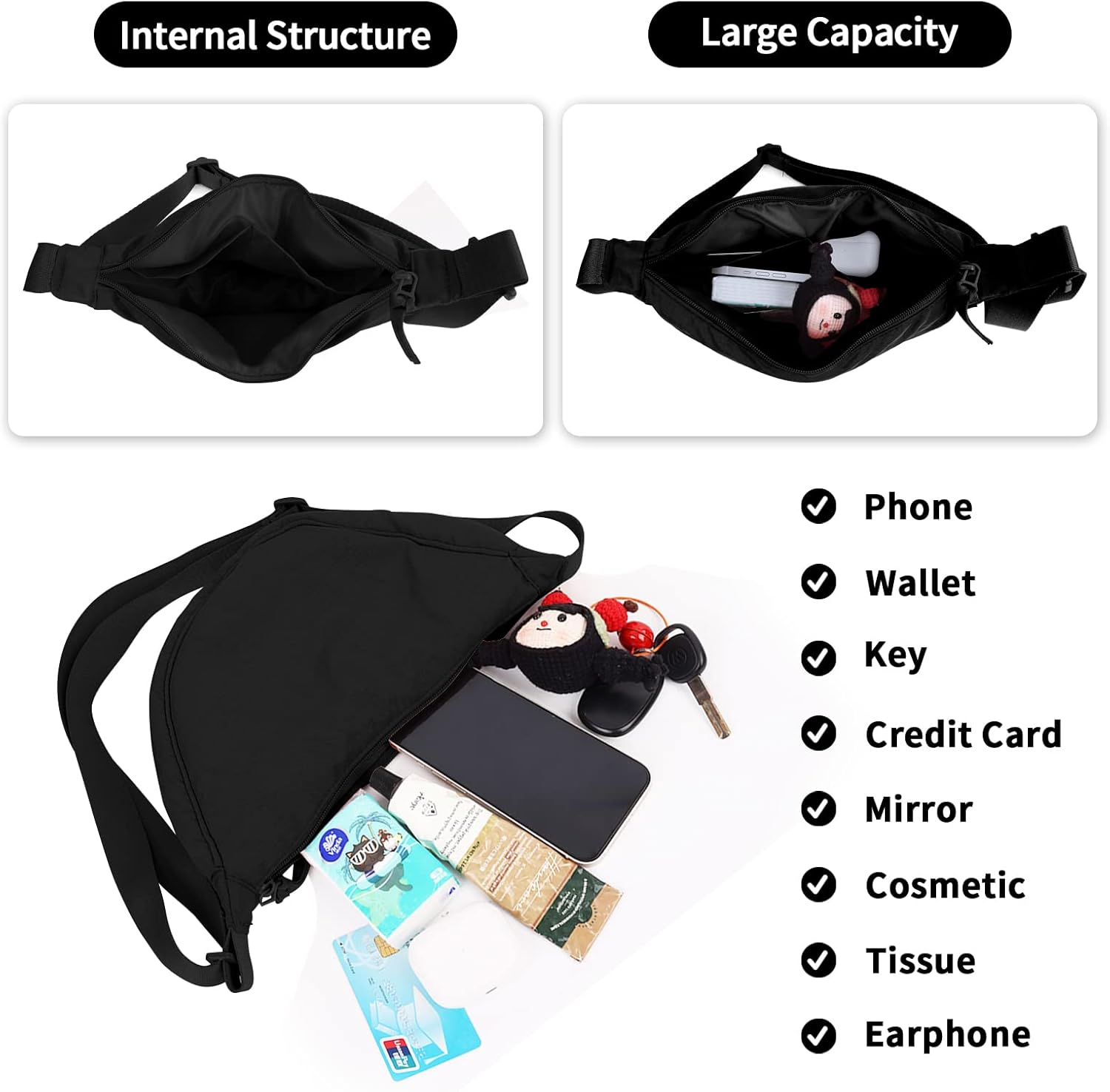 Nylon Crescent Crossbody Bag for Women Purses Trendy Men,Small Travel Sling Bag Hobo - Image 5