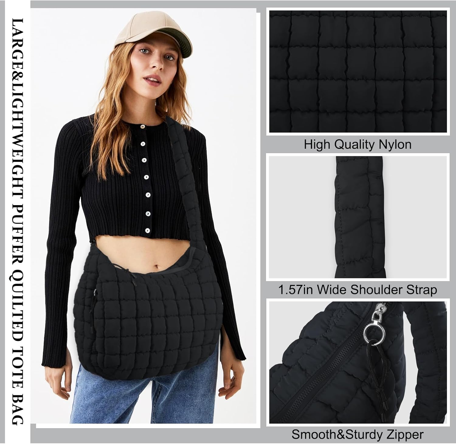 Quilted Puffer Tote Bag Purse Puffy Crossbody Shoulder Bag,Lightweight Nylon Hobo Bag Puffer Carryall Bag for Women Girl - Image 3