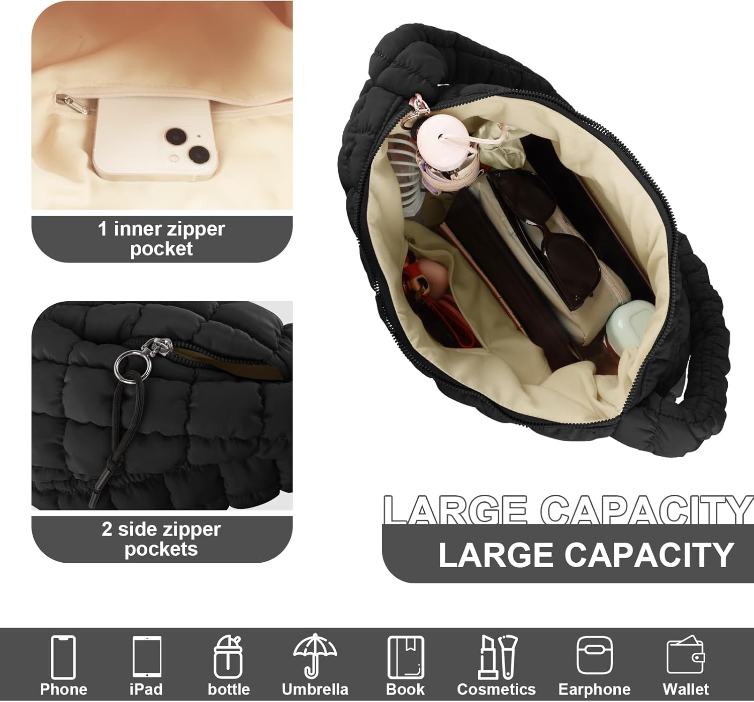 Quilted Puffer Tote Bag Purse Puffy Crossbody Shoulder Bag,Lightweight Nylon Hobo Bag Puffer Carryall Bag for Women Girl - Image 4