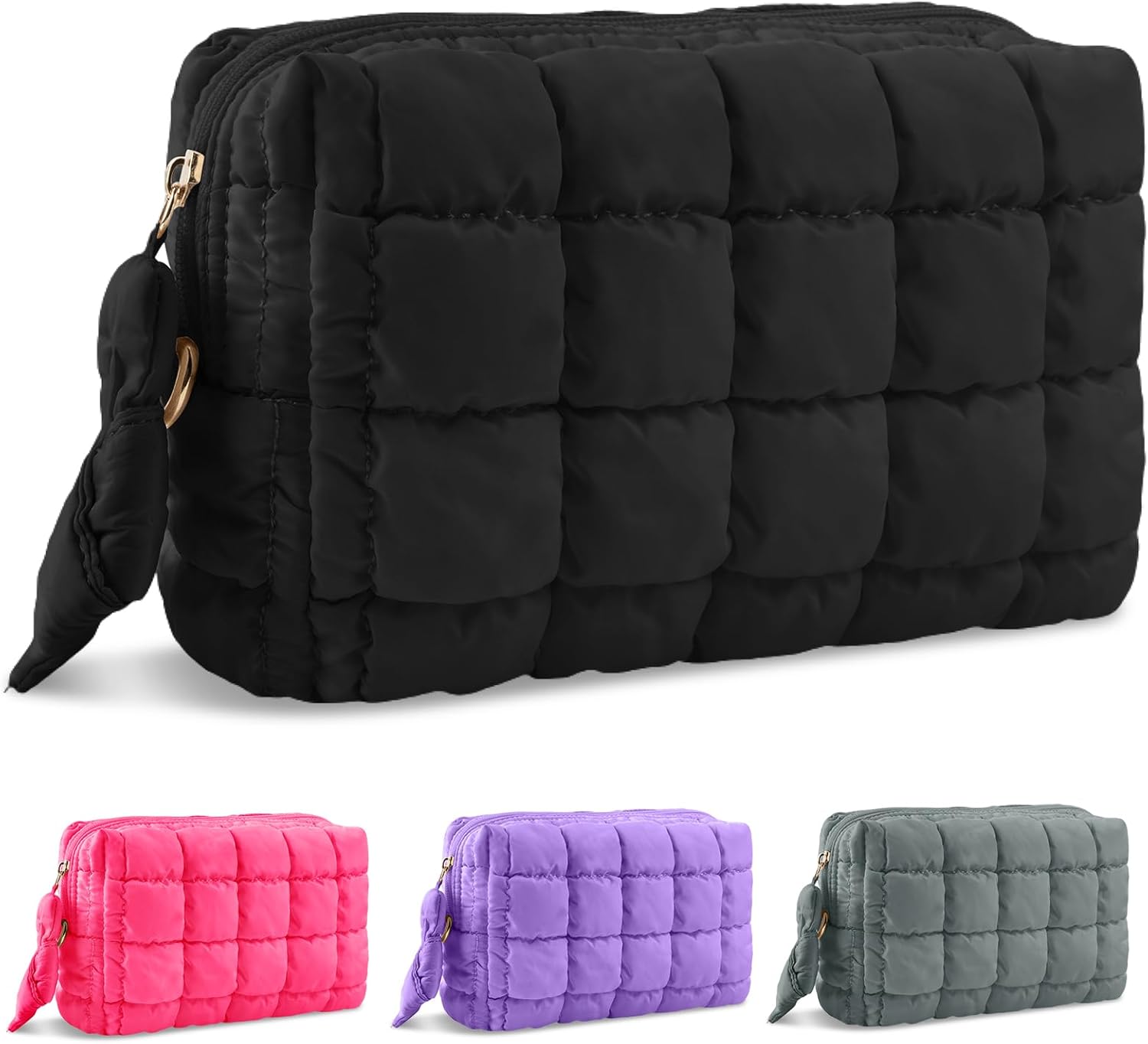Puffer Quilted Makeup Bag Cosmetic Bags,Puffy Travel Toiletry Pouch for Women,Cute Checkered Zipper Bag Travel Essential,Portable Aesthetic Make up Organizer Bag for Gifts Work Daily(Black,M) - Image 1