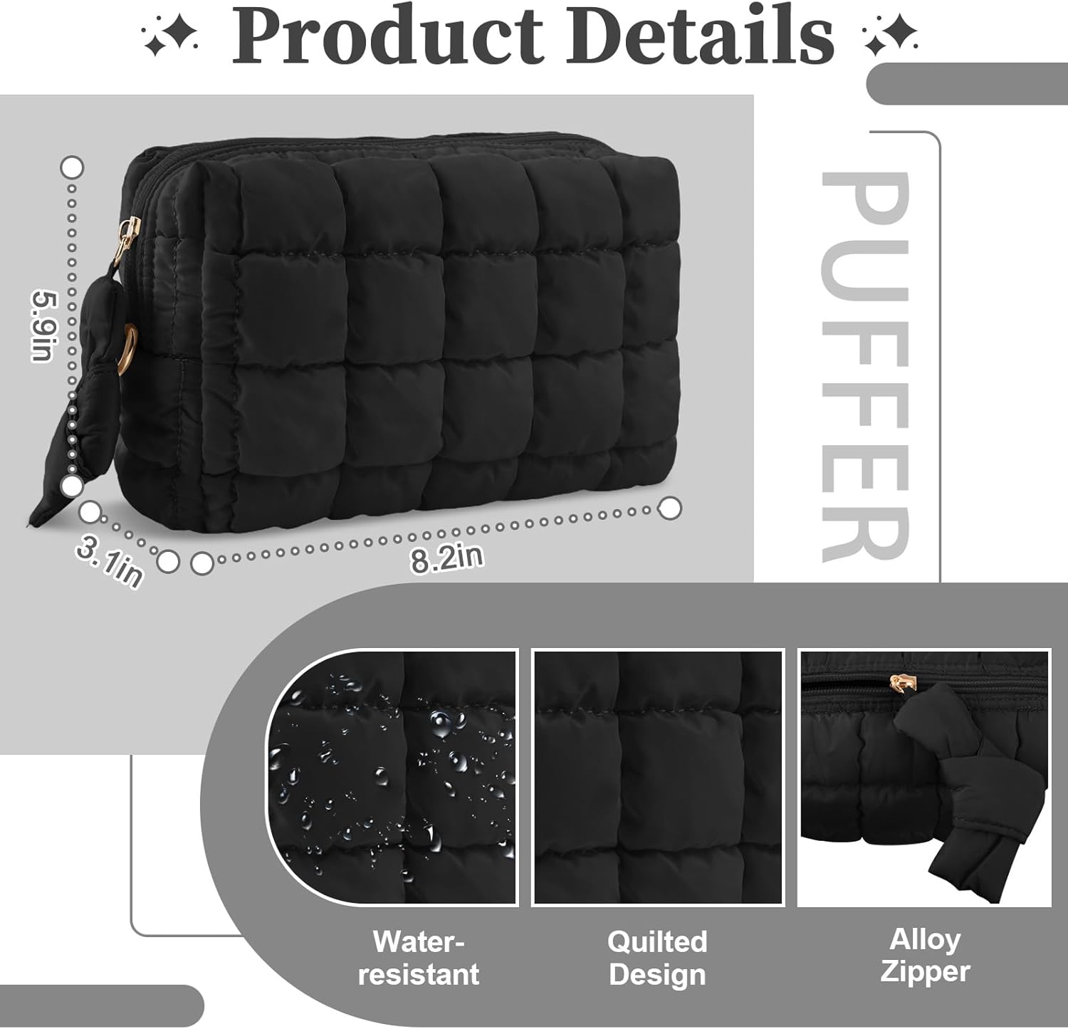 Puffer Quilted Makeup Bag Cosmetic Bags,Puffy Travel Toiletry Pouch for Women,Cute Checkered Zipper Bag Travel Essential,Portable Aesthetic Make up Organizer Bag for Gifts Work Daily(Black,M) - Image 2