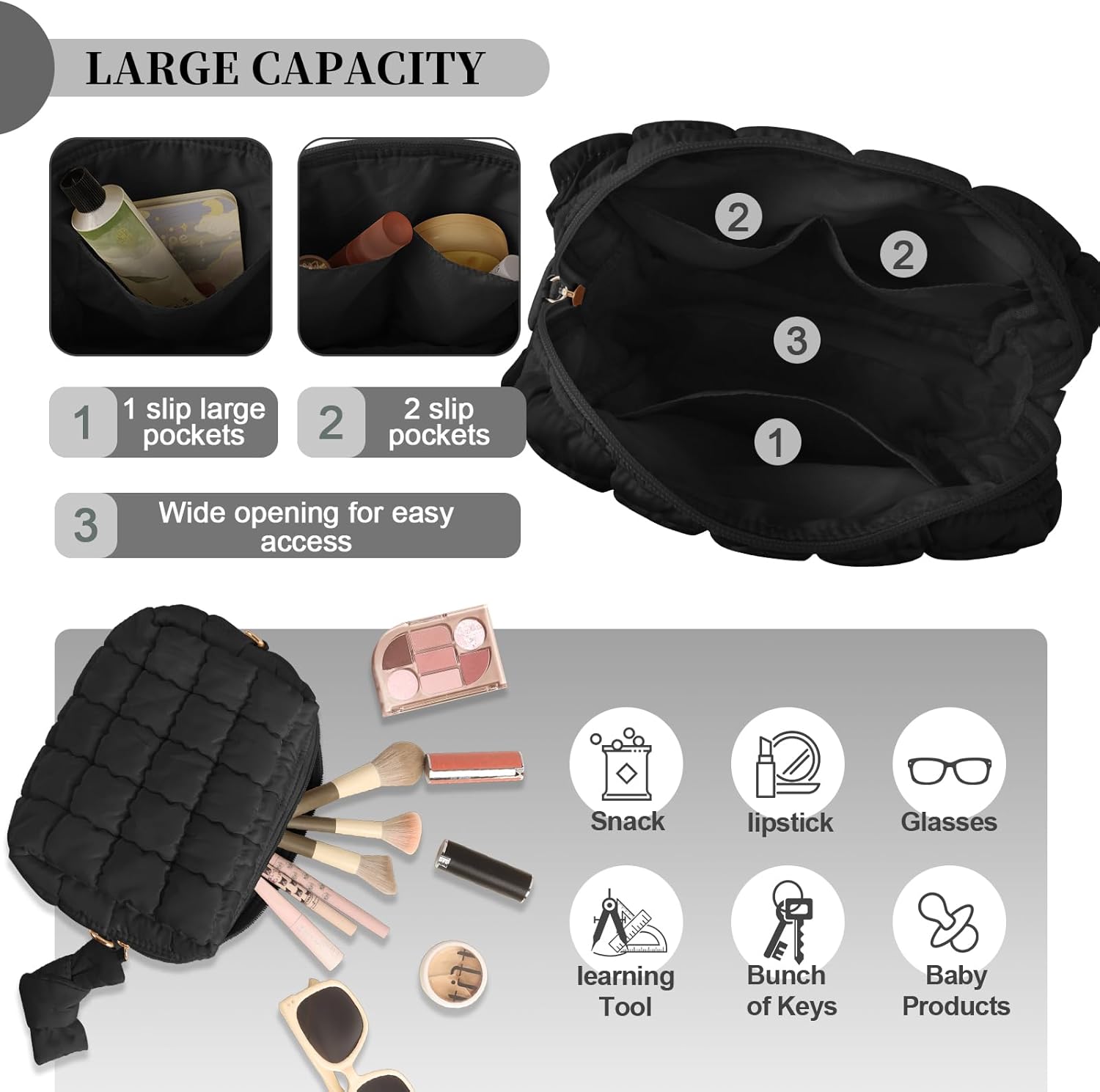Puffer Quilted Makeup Bag Cosmetic Bags,Puffy Travel Toiletry Pouch for Women,Cute Checkered Zipper Bag Travel Essential,Portable Aesthetic Make up Organizer Bag for Gifts Work Daily(Black,M) - Image 3