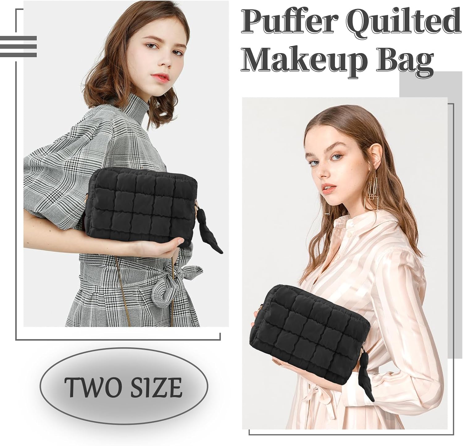 Puffer Quilted Makeup Bag Cosmetic Bags,Puffy Travel Toiletry Pouch for Women,Cute Checkered Zipper Bag Travel Essential,Portable Aesthetic Make up Organizer Bag for Gifts Work Daily(Black,M) - Image 4