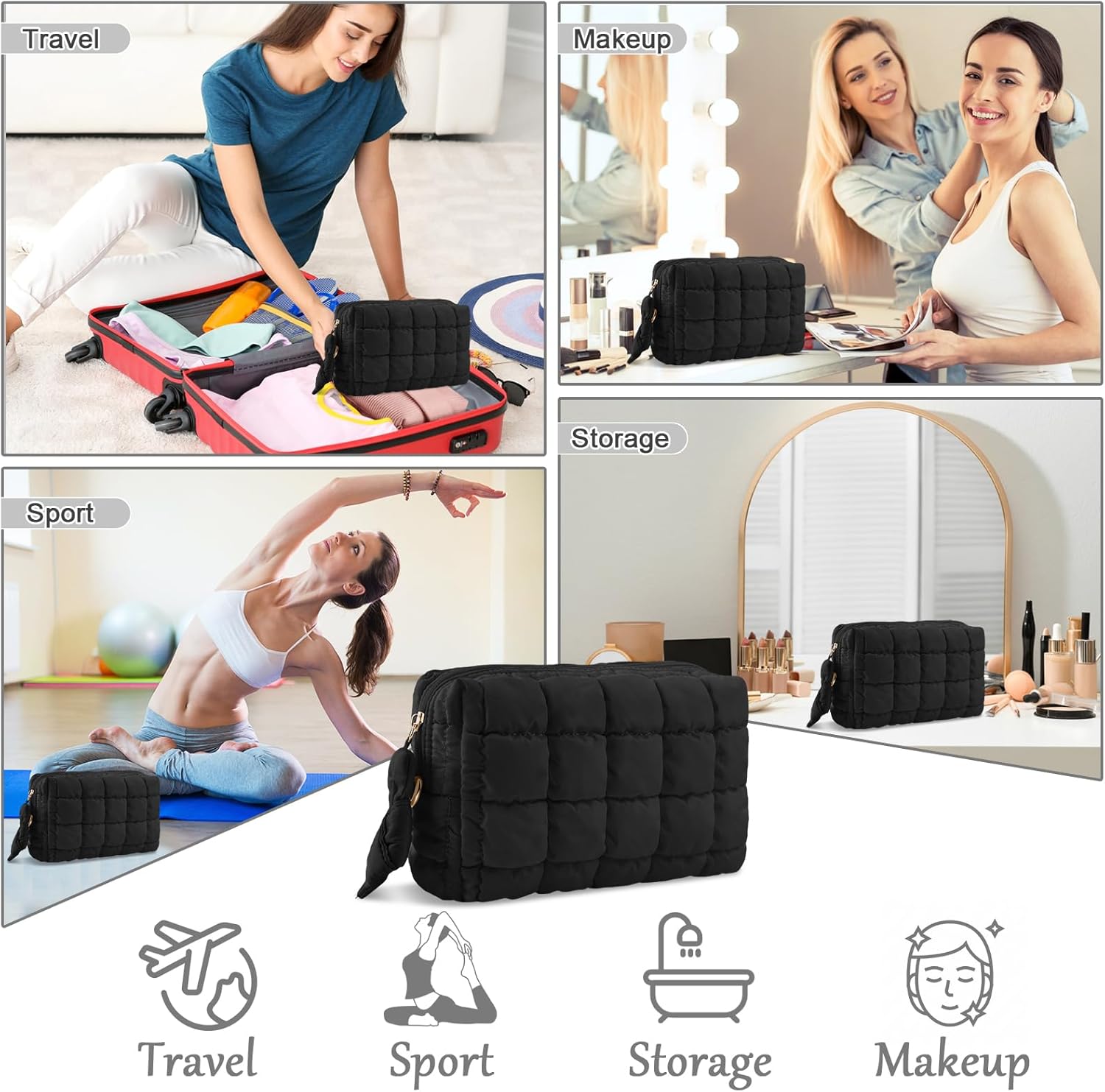 Puffer Quilted Makeup Bag Cosmetic Bags,Puffy Travel Toiletry Pouch for Women,Cute Checkered Zipper Bag Travel Essential,Portable Aesthetic Make up Organizer Bag for Gifts Work Daily(Black,M) - Image 5