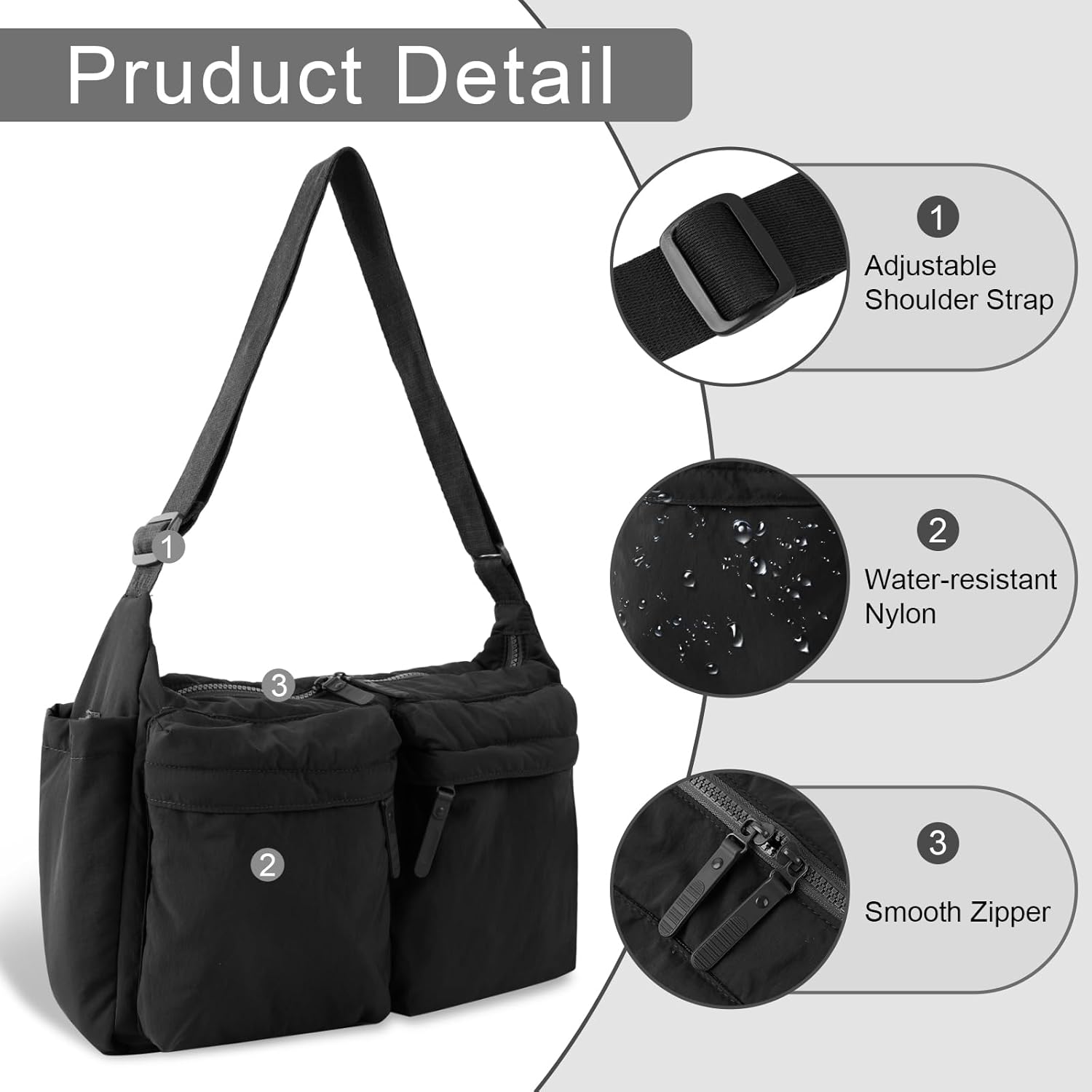 Nylon Crossbody Messenger Bag for School, Women Large Shoulder Bag Hobo Tote Bag Lightweight Computer Crossbody Bag - Image 3
