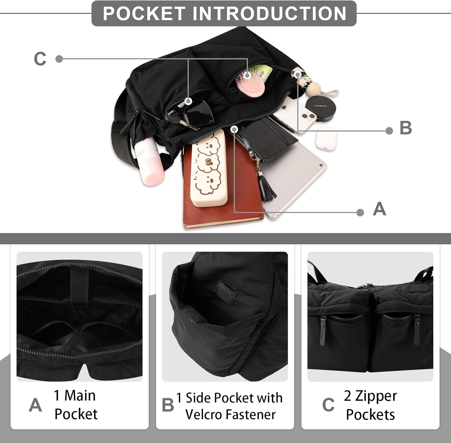 Nylon Crossbody Messenger Bag for School, Women Large Shoulder Bag Hobo Tote Bag Lightweight Computer Crossbody Bag - Image 4