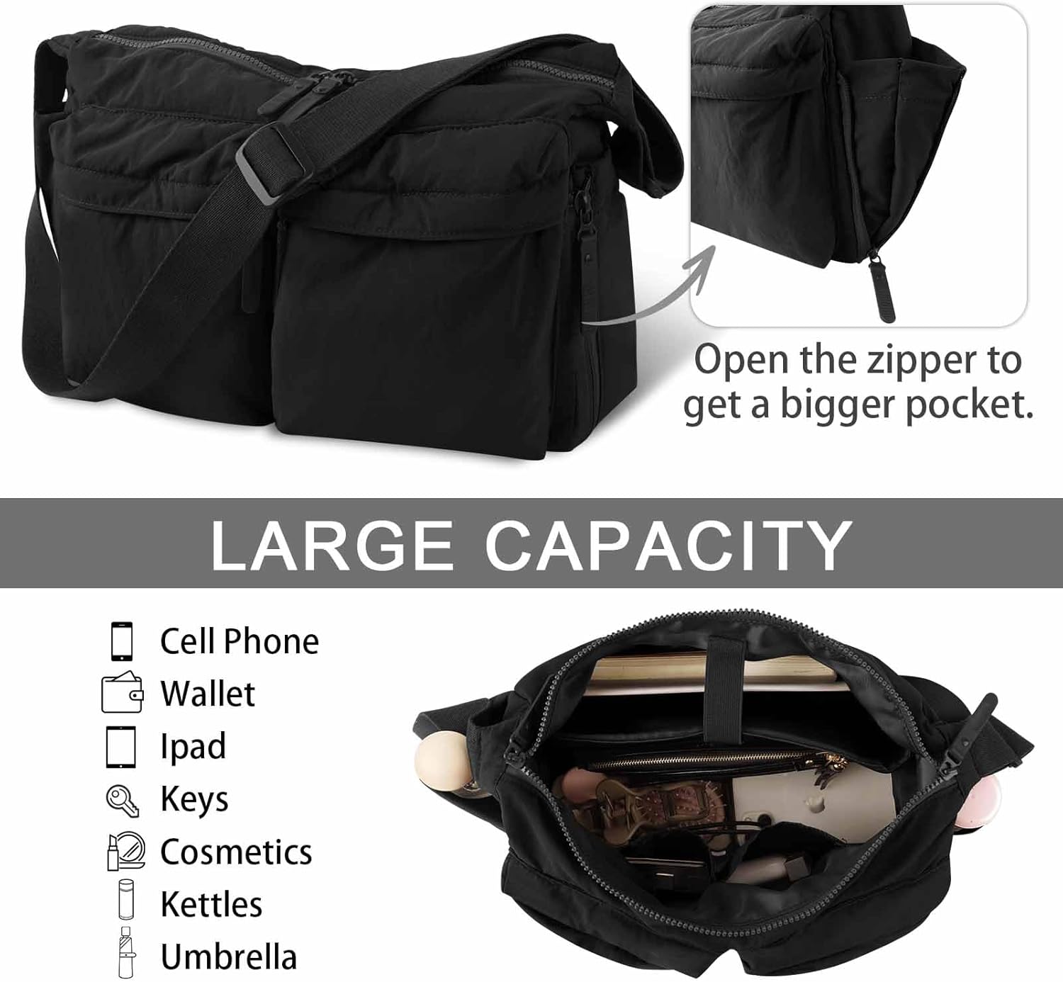 Nylon Crossbody Messenger Bag for School, Women Large Shoulder Bag Hobo Tote Bag Lightweight Computer Crossbody Bag - Image 6