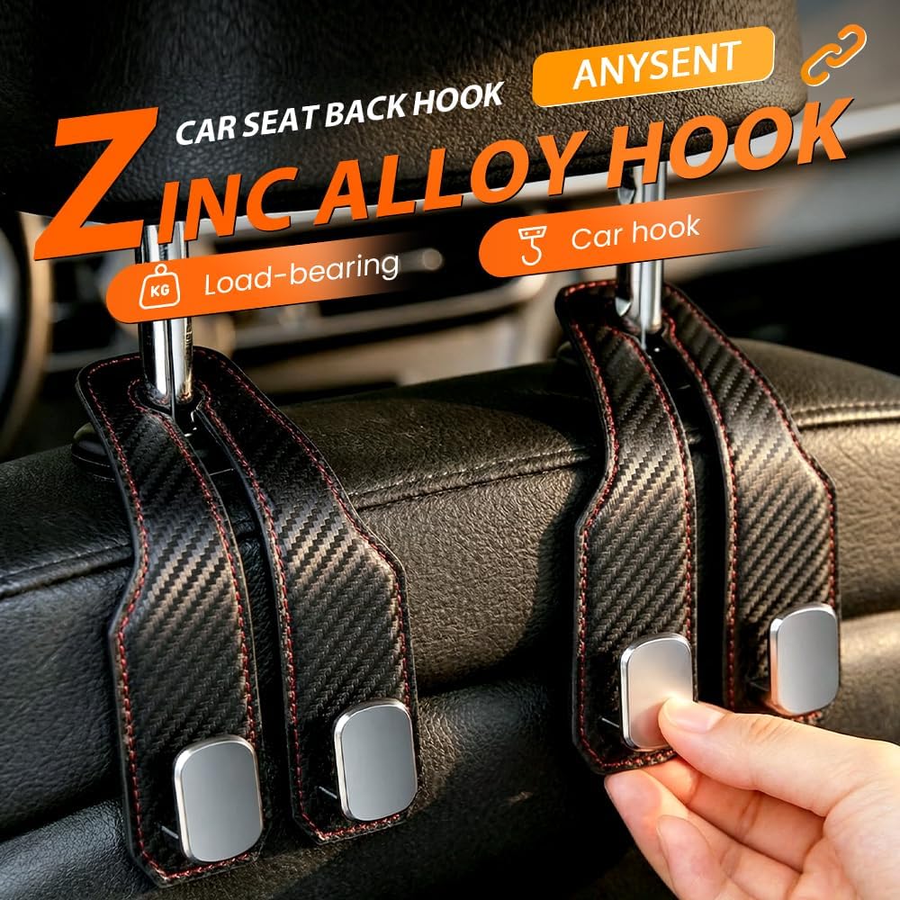 Car Seat Back Double Hook, Universal Premium Stitched Leather and Aluminum-Magnesium Alloy Double Car Seat Back Storage Hook for Purses, Handbags, Bags (Carbon Fiber, 2 pcs) - Image 2