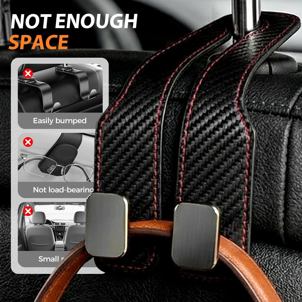 Car Seat Back Double Hook, Universal Premium Stitched Leather and Aluminum-Magnesium Alloy Double Car Seat Back Storage Hook for Purses, Handbags, Bags (Carbon Fiber, 2 pcs) - Image 3