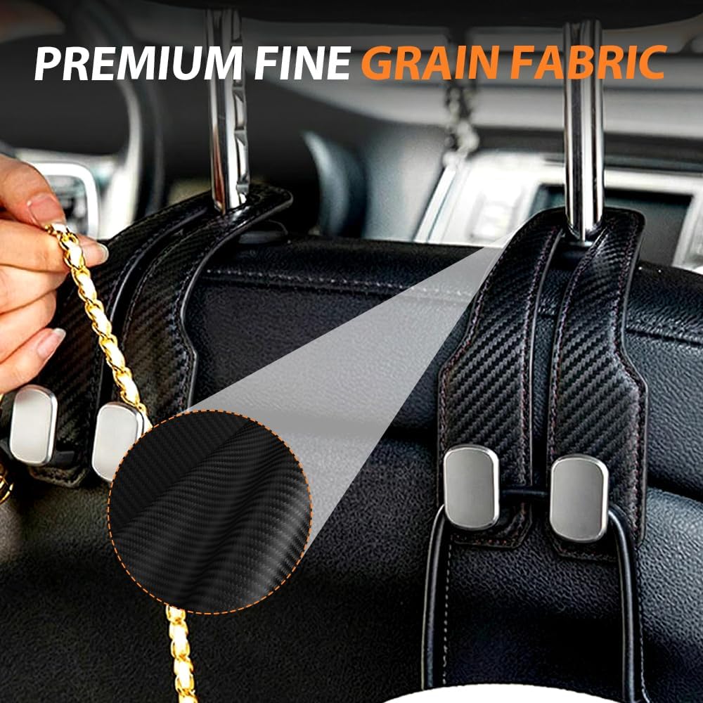 Car Seat Back Double Hook, Universal Premium Stitched Leather and Aluminum-Magnesium Alloy Double Car Seat Back Storage Hook for Purses, Handbags, Bags (Carbon Fiber, 2 pcs) - Image 4