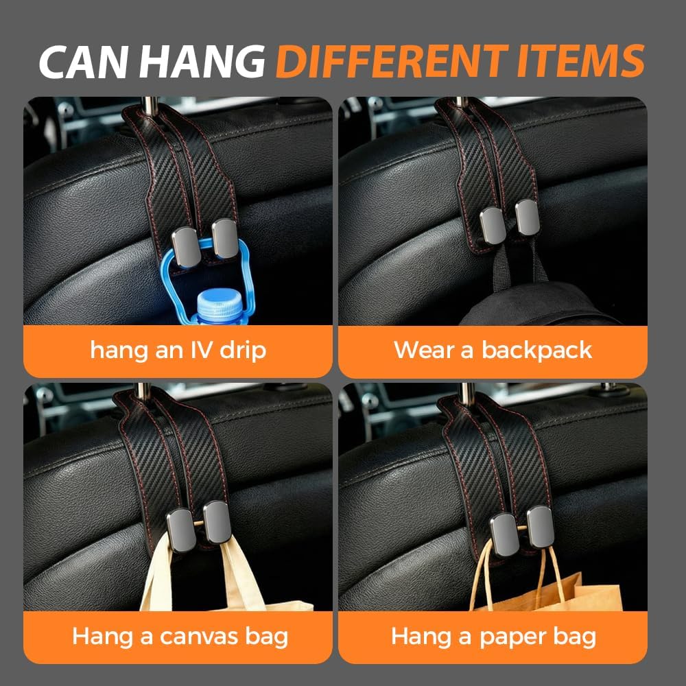 Car Seat Back Double Hook, Universal Premium Stitched Leather and Aluminum-Magnesium Alloy Double Car Seat Back Storage Hook for Purses, Handbags, Bags (Carbon Fiber, 2 pcs) - Image 5