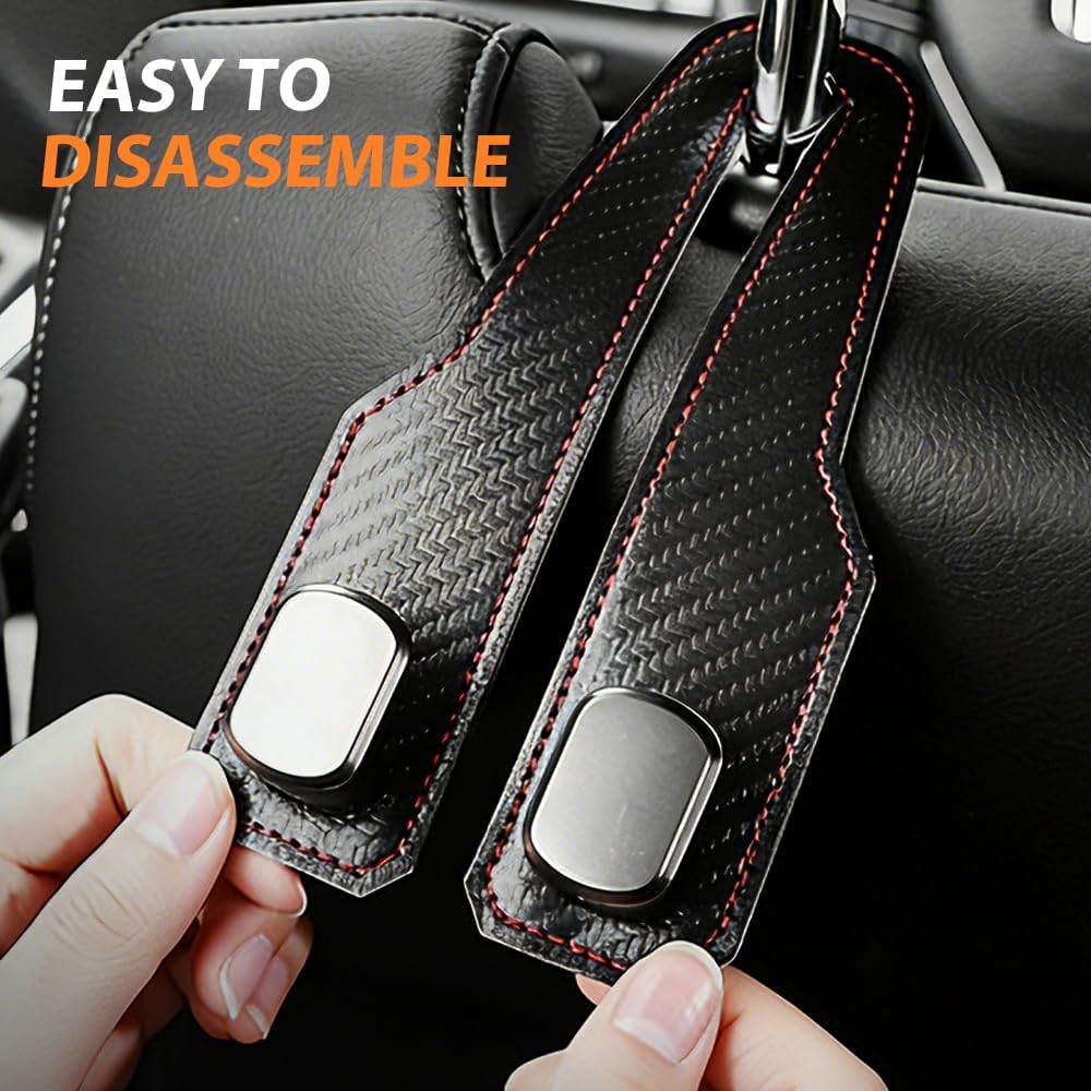 Car Seat Back Double Hook, Universal Premium Stitched Leather and Aluminum-Magnesium Alloy Double Car Seat Back Storage Hook for Purses, Handbags, Bags (Carbon Fiber, 2 pcs) - Image 6
