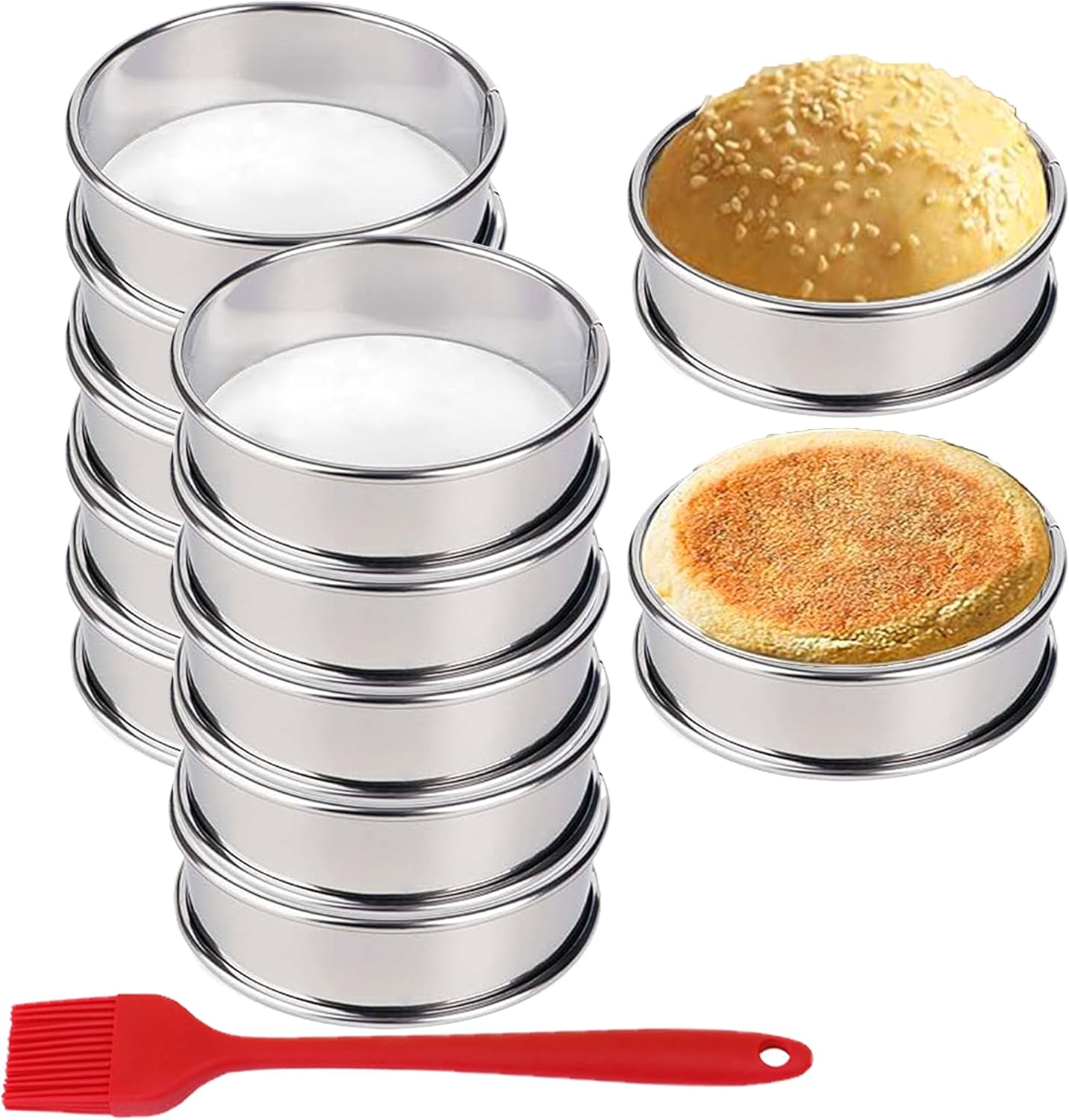 English Muffin Rings, Stainless Steel Crumpet Rings, 6 Pcs Nonstick Metal Round Ring Molds with Silicone Oil Brh (4 inch 12 pcs) - Image 1