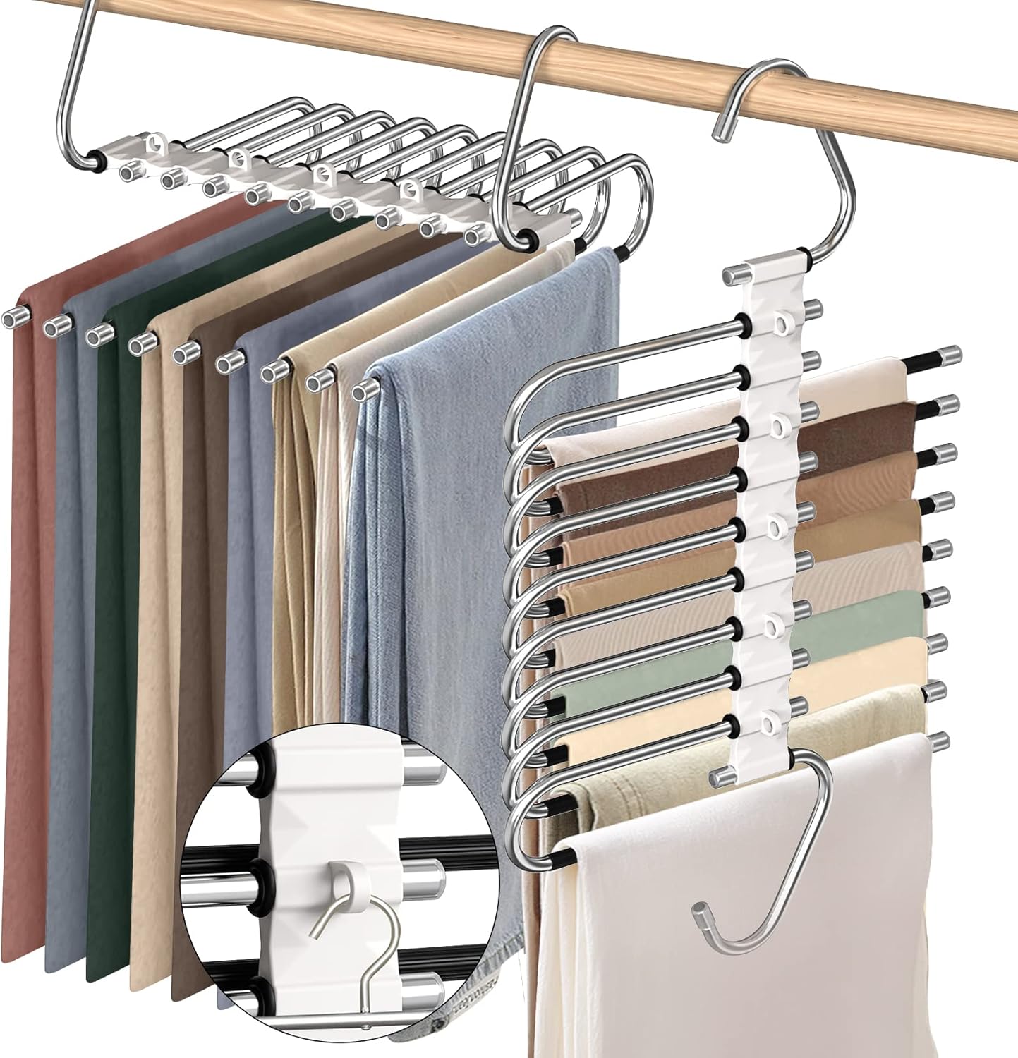 9 Layers Pants Hangers Space Saving, 2 Pack Multifunctional Pant Rack Stainless Steel Closet Organizer for Pants Jeans Leggings Troers, Antiquewhite - Image 1